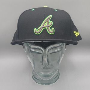Atlanta Braves 59Fifty New Era Black Green Yellow Rare Hat Cap 100% Wool Size 8